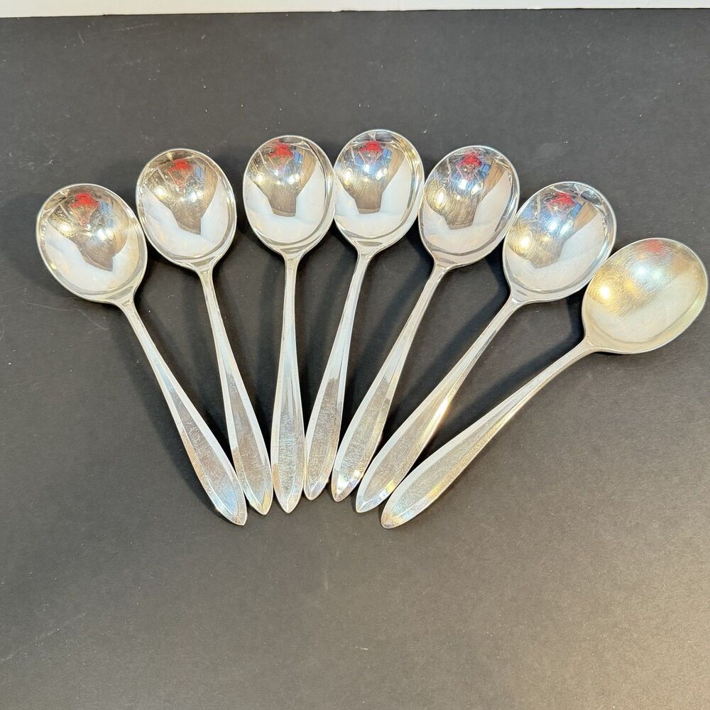 LOT Of 7 Antique c1914 PATRICIAN Silver Plate 7 1/4" Gumbo Cream Soup Spoons